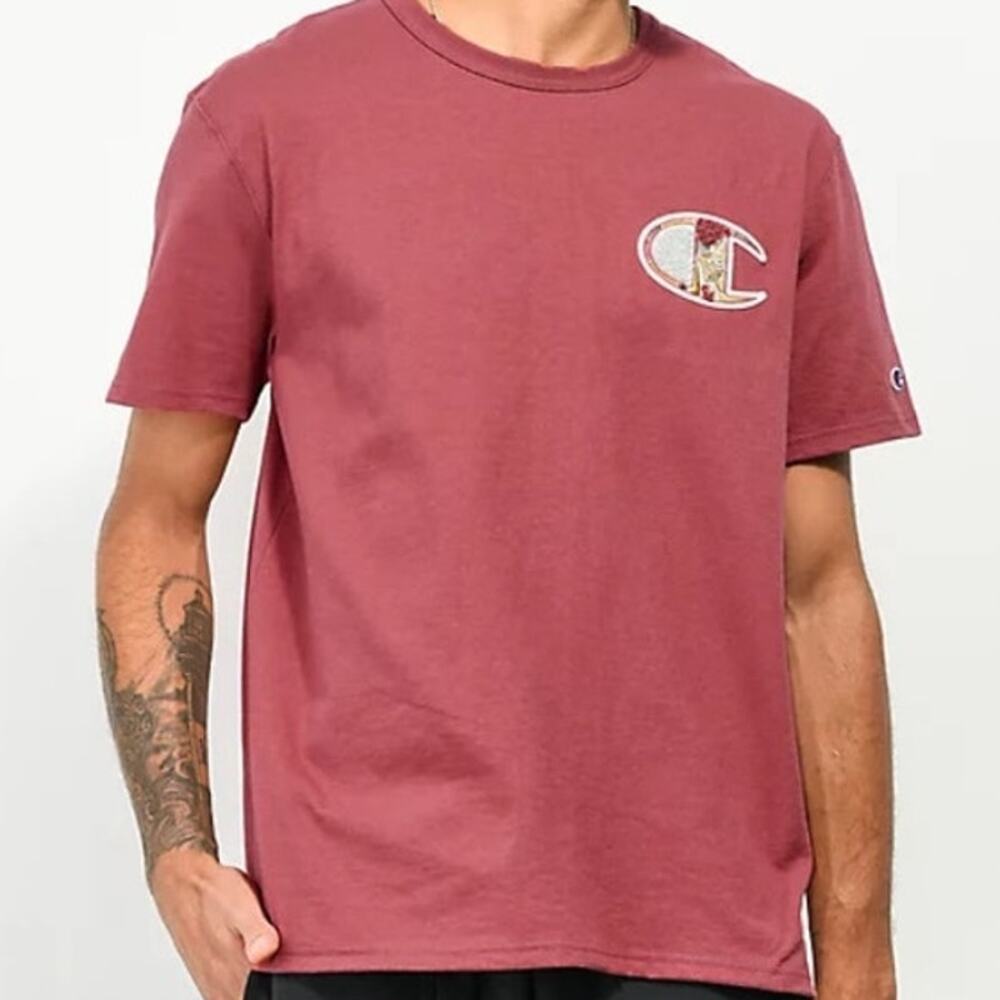 Champion Men Large T- Shirt Terracotta Red Big C Textured Embroidered Logo Tee